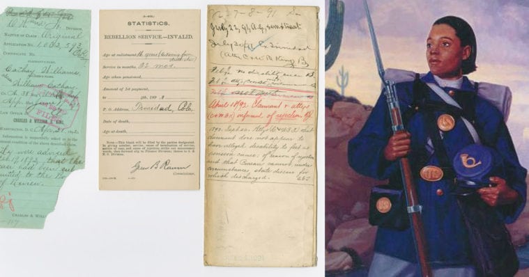 Left: U.S. Army pension records for Cathy Williams. Right: Painting by William Jennings of Cathy Williams.