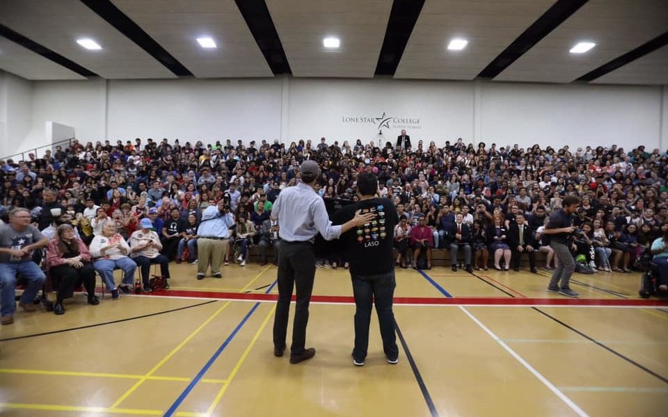 Beto O'Rourke speaks to students and faculty at Lone Star College in Houston.