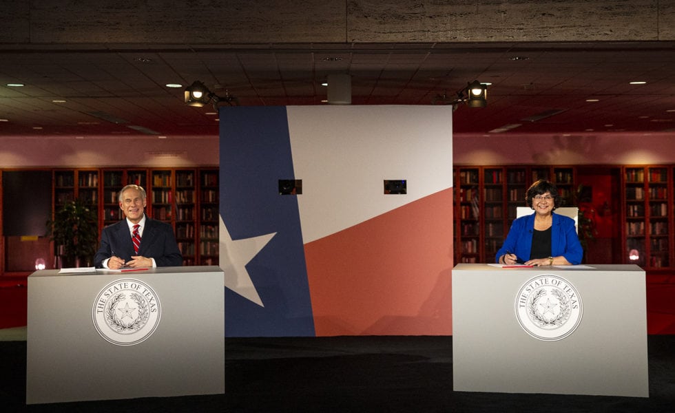 Texas Governor Greg Abbott, left, and his Democratic challenger, Lupe Valdez, at the LBJ Library in Austin.