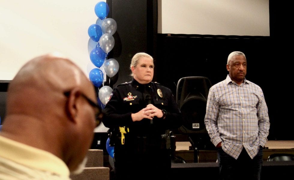 Deputy Chief Carol Riddle and James Hawthorne, chairman of the Arlington NAACP's criminal justice committee.