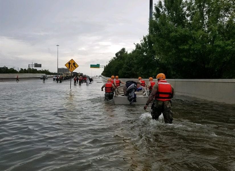 Texas National Guard soldiers arrive in heavily flooded areas after Hurricane Harvey in August 2017.