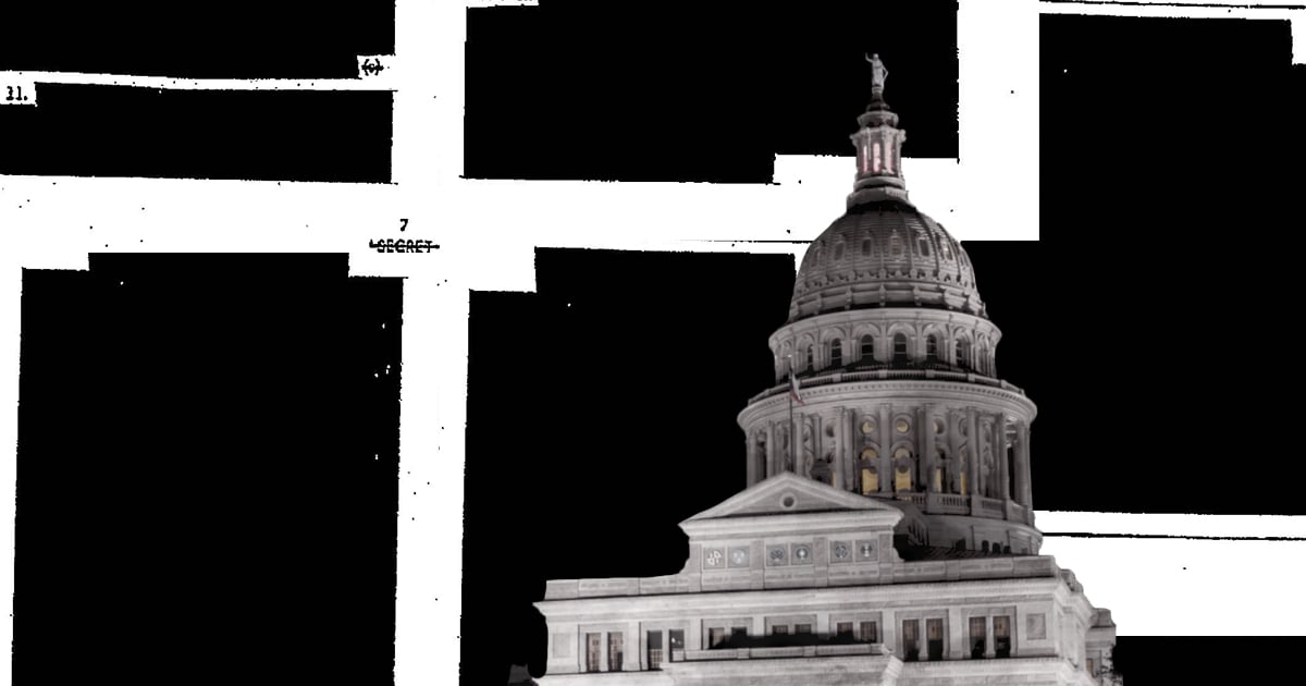 An image of the Texas Capitol with an image of heavily a redacted document added behind it.