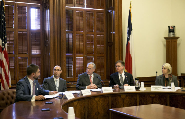 Members of the State Preservation Board, left to right: state Representative Jeff Leach, R-Plano, House Speaker Dennis Bonnen, R-Angleton, Governor Greg Abbott, Lieutenant Governor Dan Patrick and citizen board member Aletha Swann Bugg.