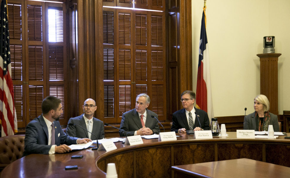 Members of the State Preservation Board, left to right: state Representative Jeff Leach, R-Plano, House Speaker Dennis Bonnen, R-Angleton, Governor Greg Abbott, Lieutenant Governor Dan Patrick and citizen board member Aletha Swann Bugg.