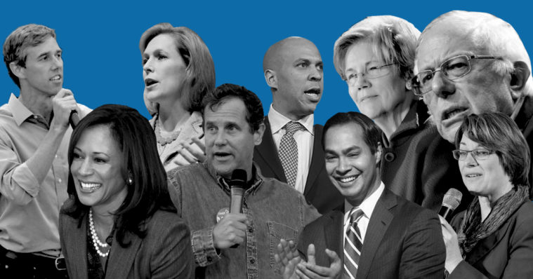 Left to right: Beto O'Rourke, Kamala Harris, Kirsten Gillibrand, Sherrod Brown, Cory Booker, Julián Castro, Elizabeth Warren, Bernie Sanders, Amy Klobuchar