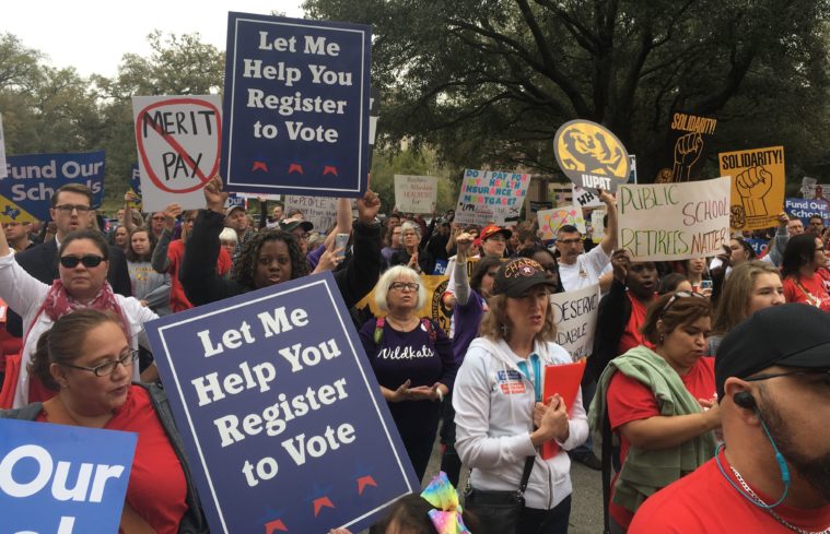 Teachers and school staff rallied for public education and more state funding at the Texas Capitol on March 11, 2019.