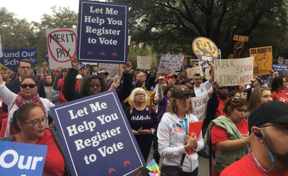 Teachers and school staff rallied for public education and more state funding at the Texas Capitol on March 11, 2019.