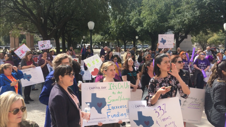 Sexual assault survivors and advocates gathered at the Texas Capitol to demand an increase in funding for rape crisis centers and an end to the rape kit backlog on Thursday, February 14, 2019.