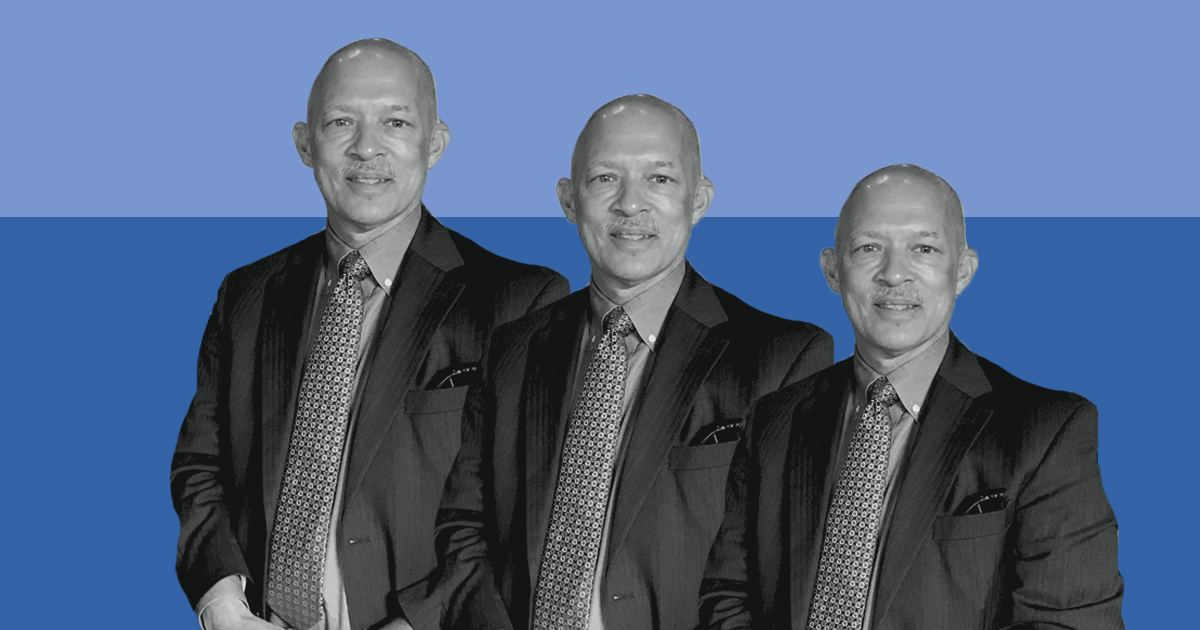 An illustration of Dallas County DA John Creuzot, his photo repeating three times in a descending, diagonal line on a two-toned blue background.