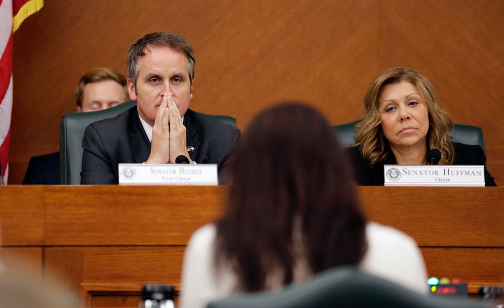 State Senators Bryan Hughes, R-Mineola, left, and Joan Huffman, R-Houston, right, listen to testimony in 2017.