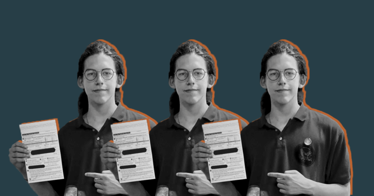 Caleb Brock holds a voter registration card.