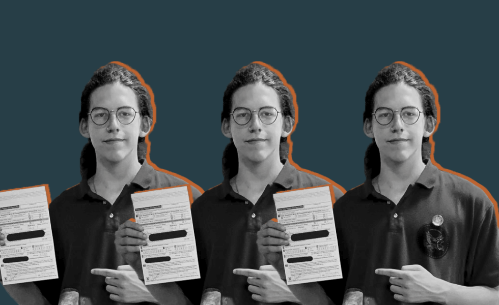Caleb Brock holds a voter registration card.