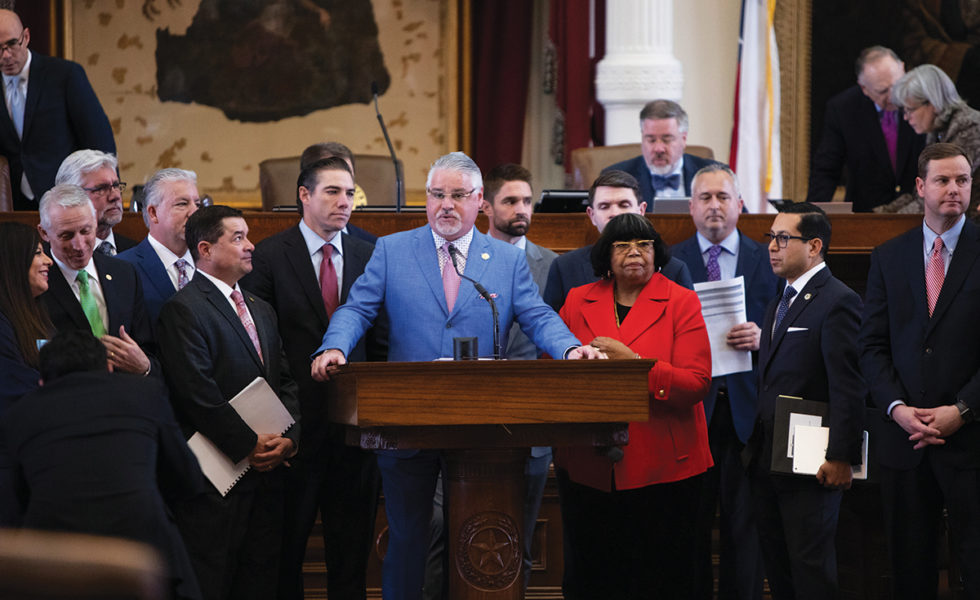 Chair of the House Public Education Committee Dan Huberty, R-Houston, and colleagues speak at the front podium as the House debates the school finance plan on April 3, 2019.