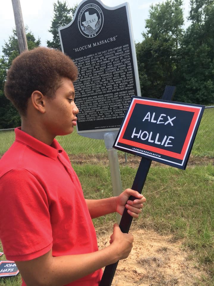 In July 2017, Hollie-Jawaid's son, Eddie Ramirez, placed signs with names of the known victims next to the historical marker for the massacre.