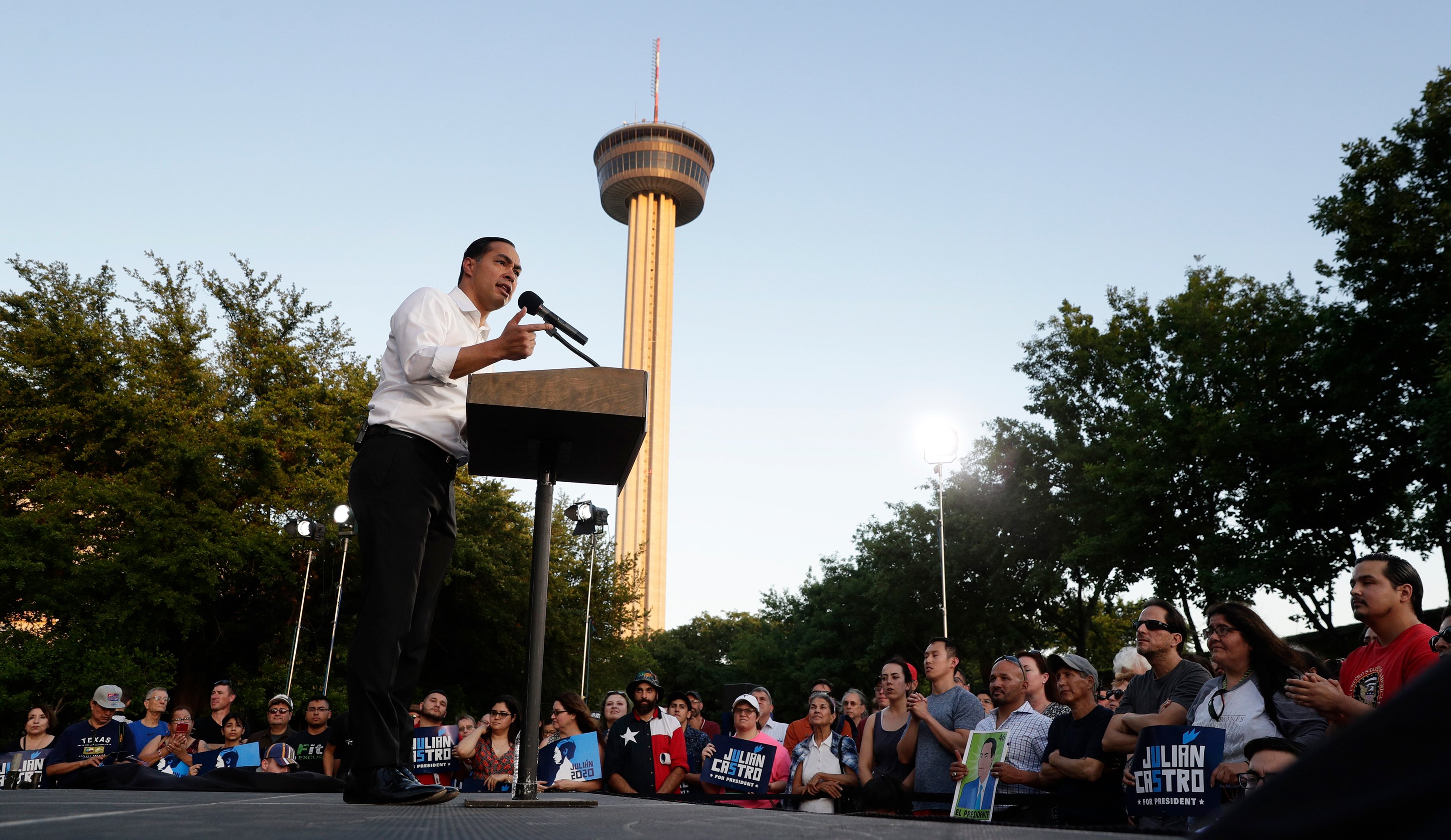 Julian Castro, a 2020 Democratic presidential candidate, speaks to supporters during a rally in San Antonio, Wednesday, April 10, 2019. (AP Photo/Eric Gay)