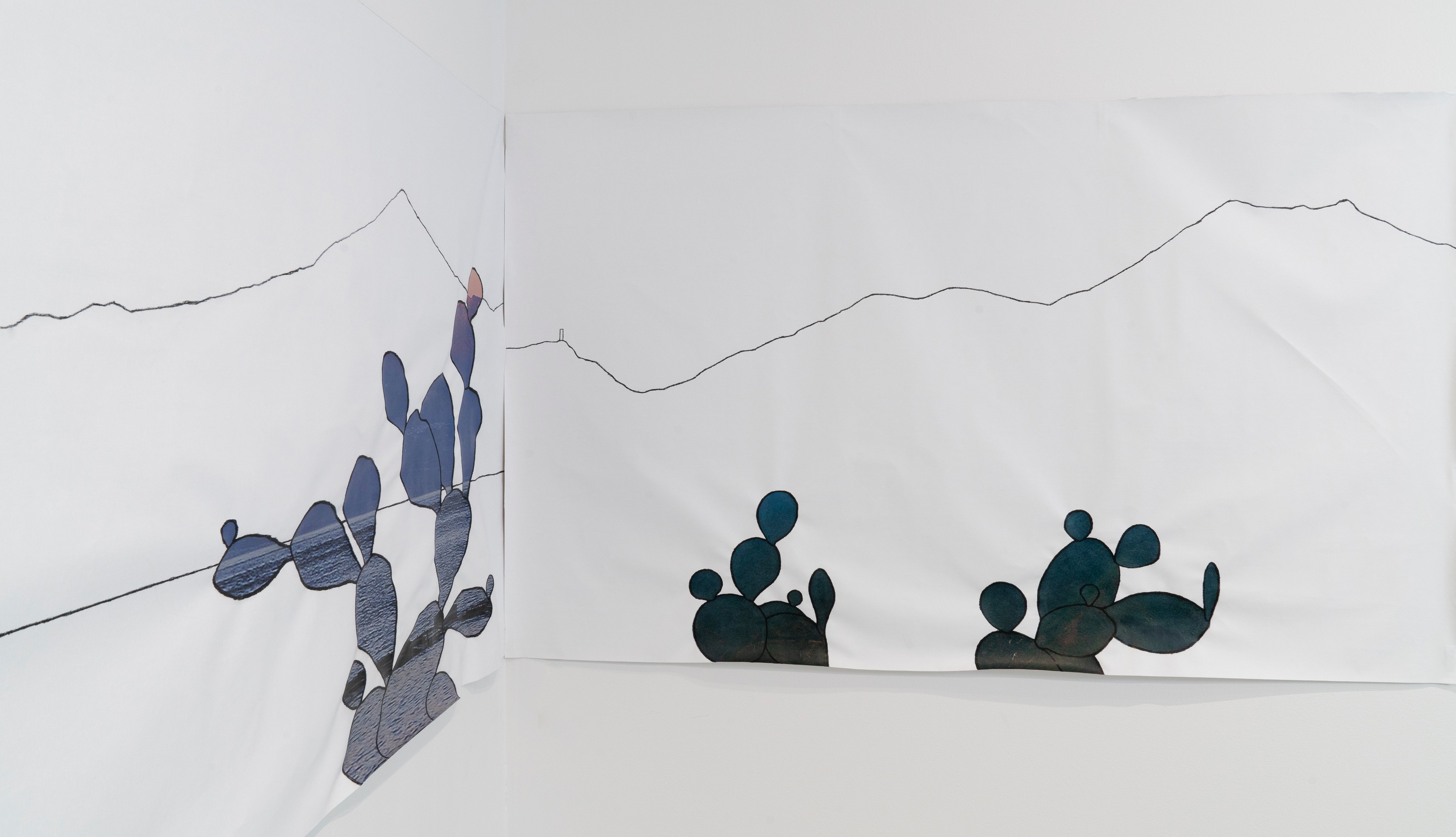 Hayfer Brea, (from left to right), Existencial Territories (Teide Peak) (Detail), and Existencial Territories (Ávila Hill), 2019, Mixed media on fabric, 49 x 80 each