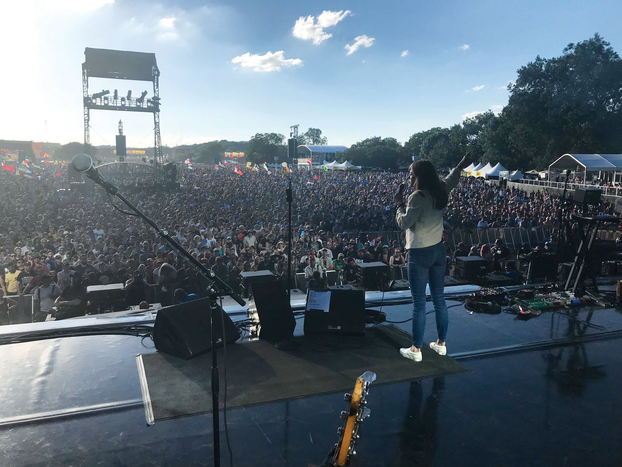 Julie Oliver speaks to a crowd gathered at ACL Fest in October 2018, right before The National took the stage.