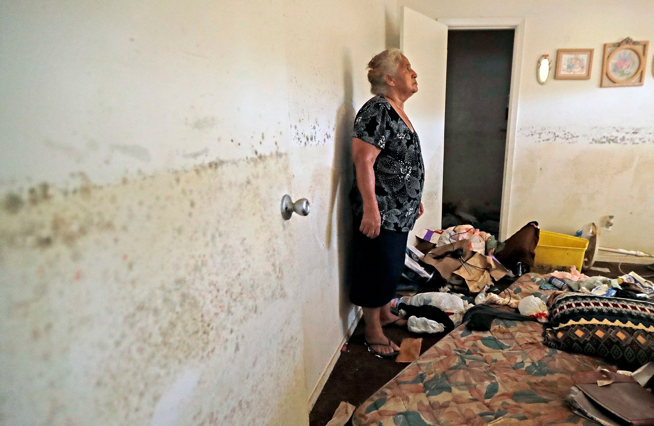 Flood victim Florentina Amaya, 71, looks at the mold growing inside her home in the aftermath of Hurricane Harvey, Tuesday, Sept. 5, 2017, in Houston.