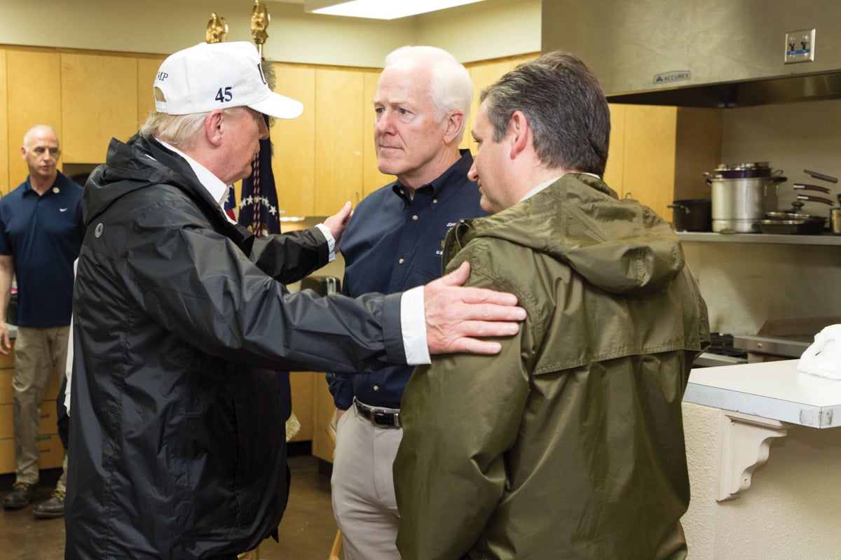 President Donald Trump joins John Cornyn and Texas' junior senator, Ted Cruz, in 2017 during Hurricane Harvey.