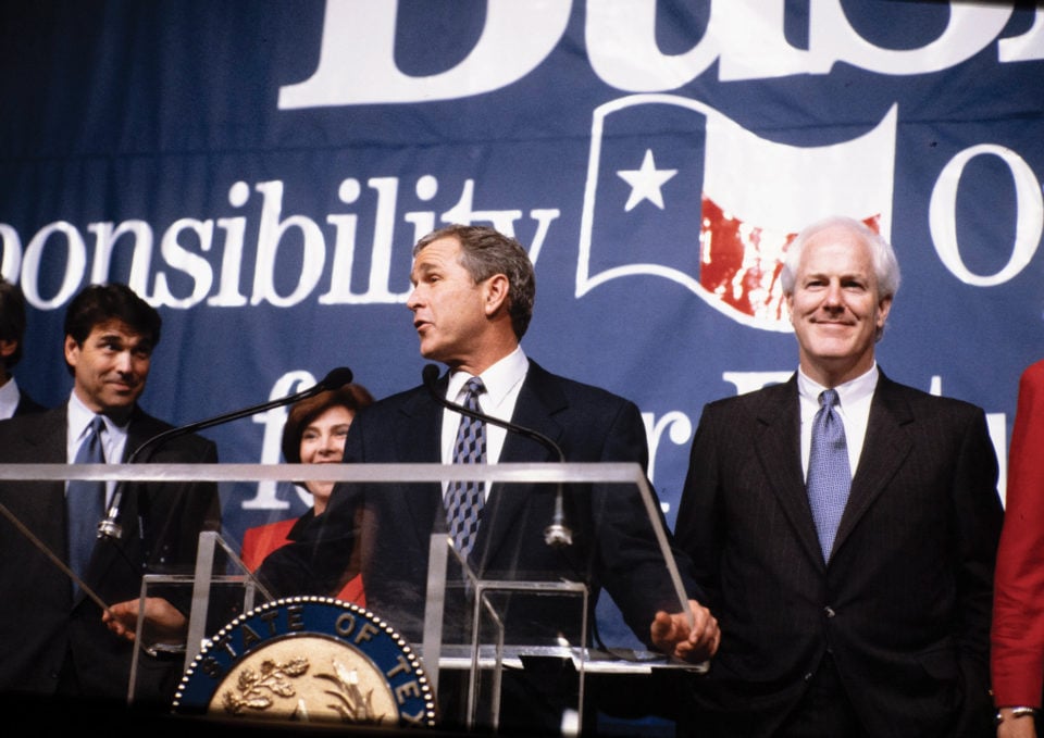 Cornyn celebrated with George W. Bush on November 3, 1998, when Bush won a second term as Texas governor.