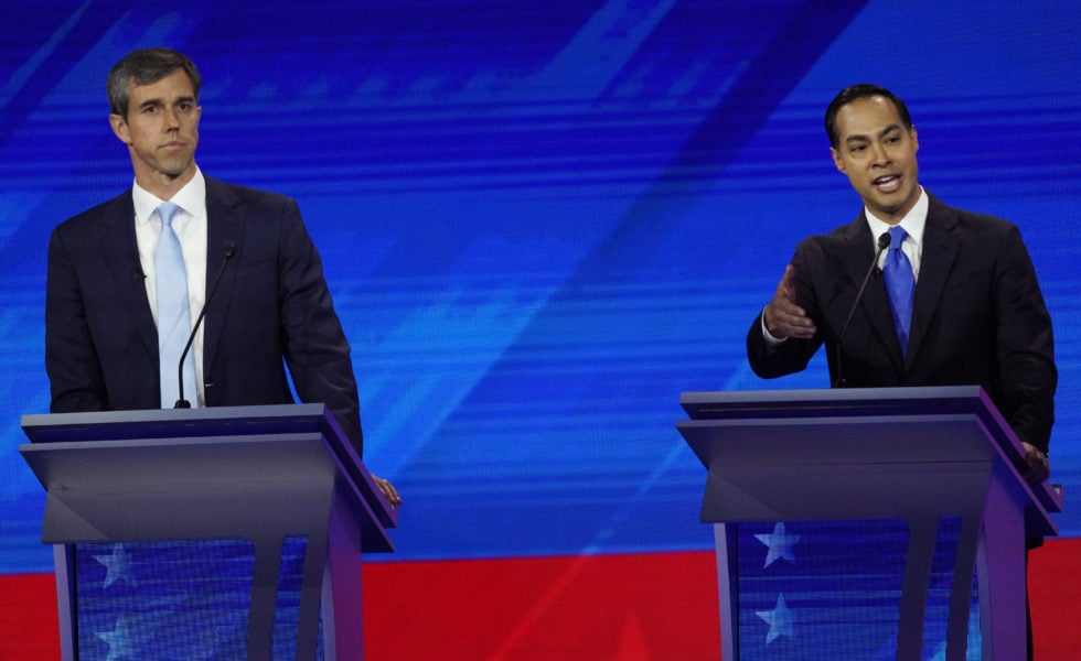 Beto O'Rourke, left, and Julián Castro, right, at the third Democratic presidential primary debate, in Houston at Texas Southern University.
