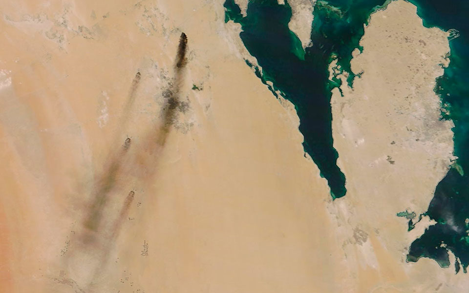 Fires following a drone attack on two major oil installations in eastern Saudi Arabia, claimed by Yemen's Houthi rebels. The drones attacked the world's largest oil processing facility in Saudi Arabia and a major oilfield operated by Saudi Aramco early Saturday, sparking a huge fire at a processor crucial to global energy supplies.