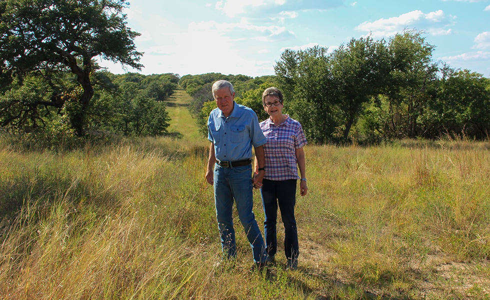 Andrew Sansom and his wife, Nona, at Kinder Morgan's proposed pipeline easement on September 13, 2019. The easement is along an old pipeline route that was mostly removed in 2011.