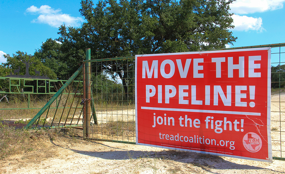 An anti-pipeline sign posted at the gate of Hershey Ranch in Stonewall, Texas, on September 13, 2019.