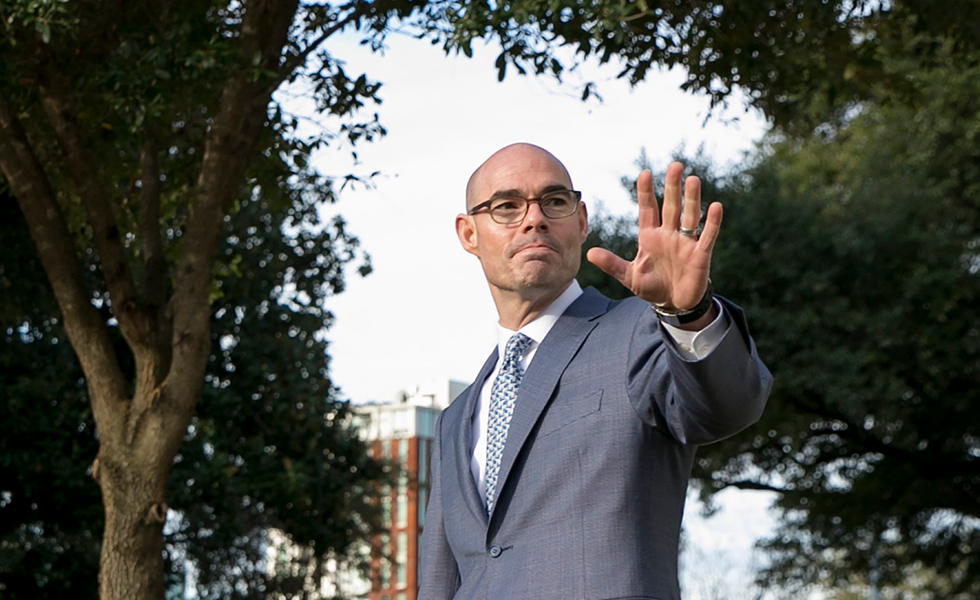In this Jan. 9, 2019 file photo Texas House Speaker Dennis Bonnen waves to reporters after speaking at a news conference at the Governor's Mansion in Austin, Texas. The Texas House Republican caucus has condemned Bonnen and Republican Rep. Dustin Burrows for secretly recorded comments asking a conservative group to target 10 GOP lawmakers in the 2020 primaries, calling a female lawmaker "vile" and saying President Donald Trump is "killing us" in pivotal state races. (Jay Janner/Austin American-Statesman via AP, file)