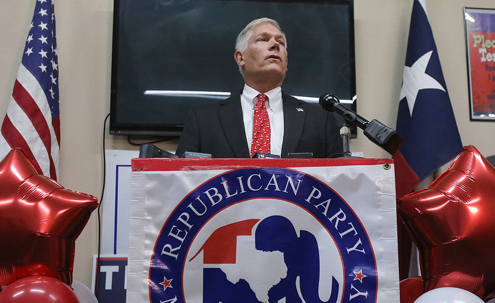 Former US Rep. Pete Sessions speak to the McLennan County Republican Party Thursday, Oct. 3, 2019, in Waco, Texas as he runs to fill the seat of Bill Flores who is stepping down (Jerry Larson/ Waco Tribune-Herald, via AP)