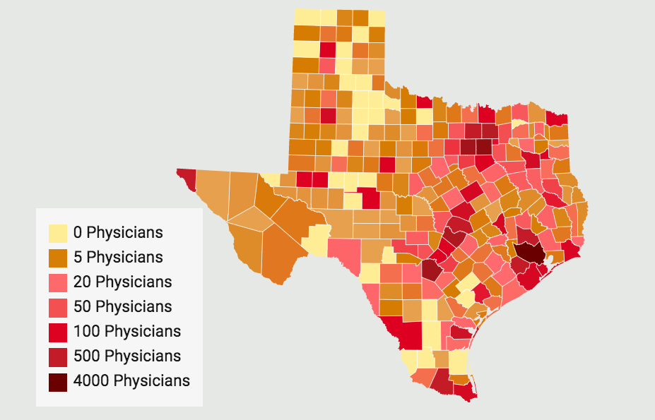 In 2018, Texas had about 54 primary care physicians per 100,000 people—one of the lowest ratios in the country.