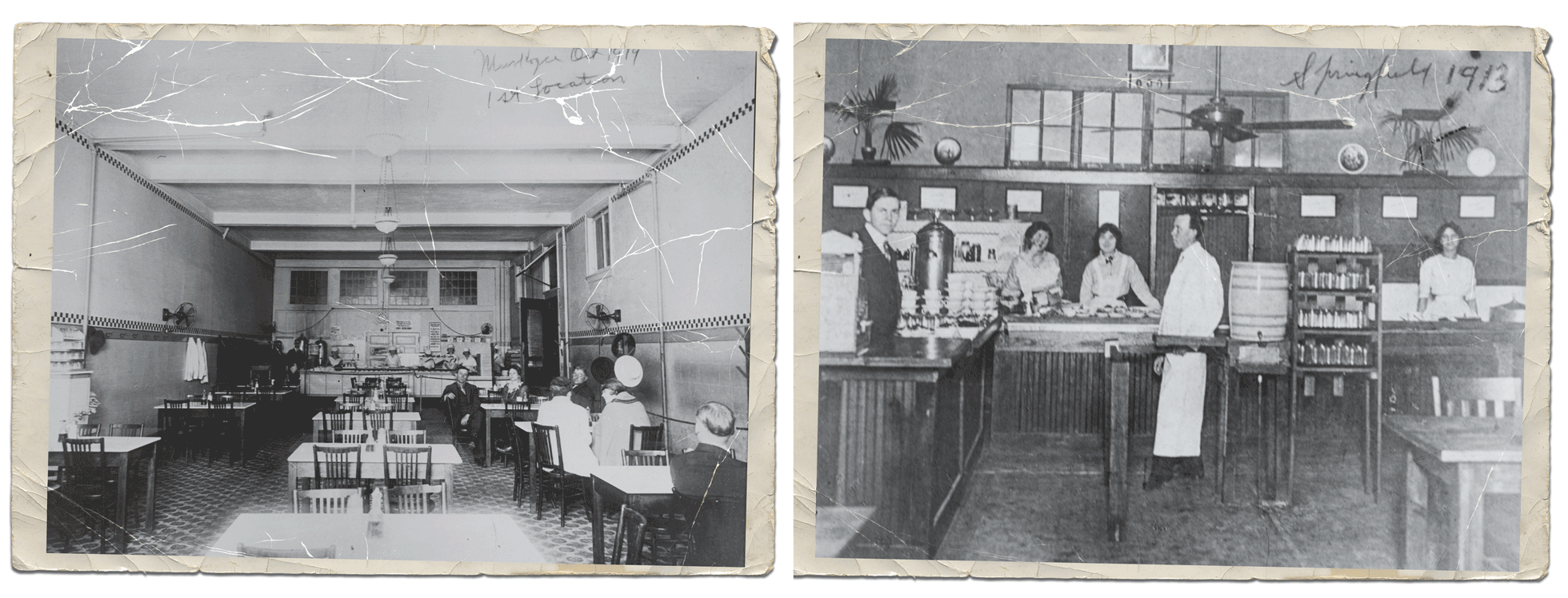 Left: Luby's began as the New England Dairy Lunch, pictured here in 1916. Right: This Springfield, Missouri, lunch counter from 1913 was typical of the time.