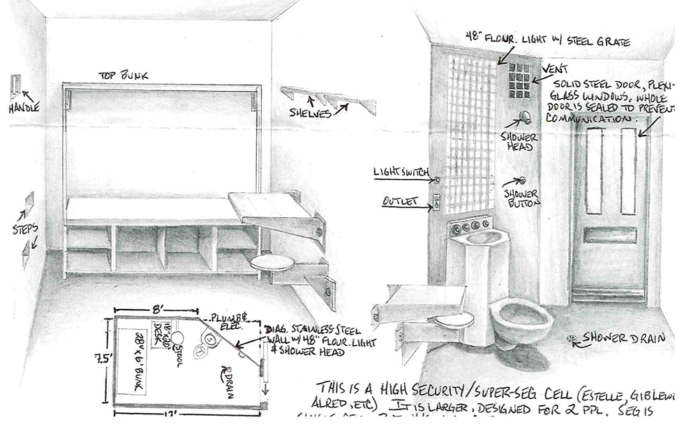 Despite several months of requests, TDCJ did not let the Observer view any of its isolation units or provide any photographs of its cells. Aaron Striz, a prisoner who has spent nearly two decades in solitary confinement in Texas prisons, mailed several sketches documenting the conditions inside.