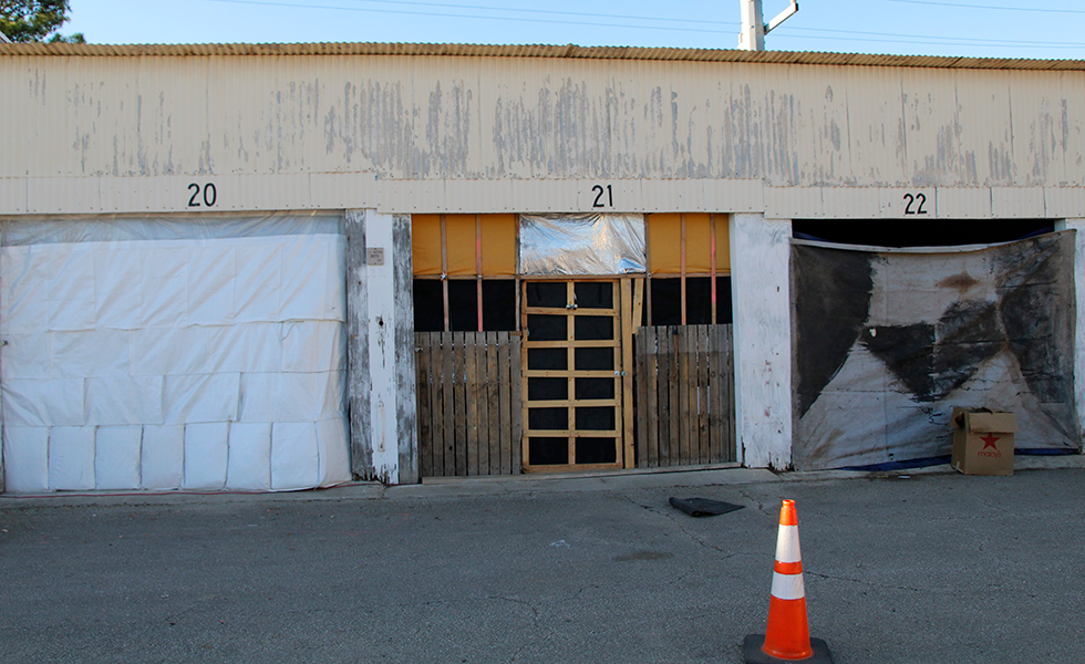 Garage-like units, or storage bays, occupied by the homeless at Abbottville.
