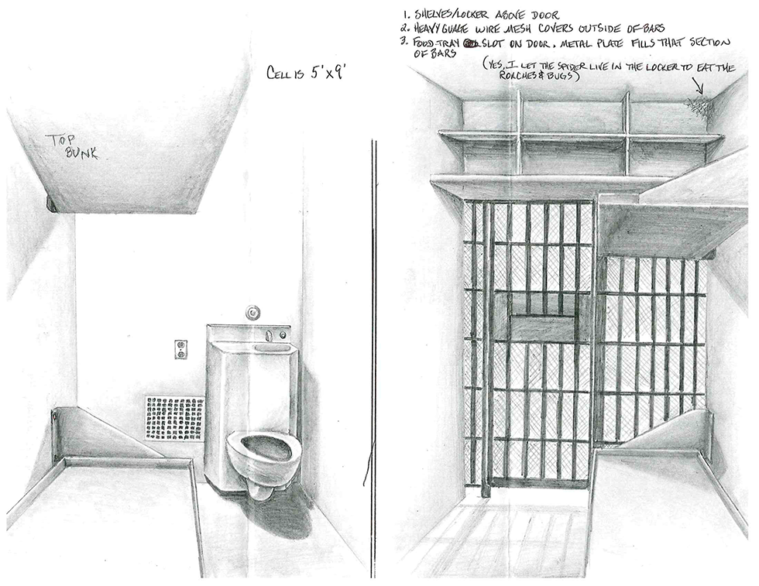 This sketch by inmate Aaron Striz shows one of the three types of administrative segregation cells he's lived in over the past 18 years.
