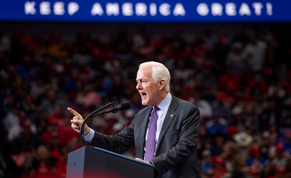 Sen. John Cornyn, R-Texas, speaks during a campaign rally for President Donald Trump, Thursday, Oct. 17, 2019, at the American Airlines Center in Dallas. (AP Photo/Jeffrey McWhorter)