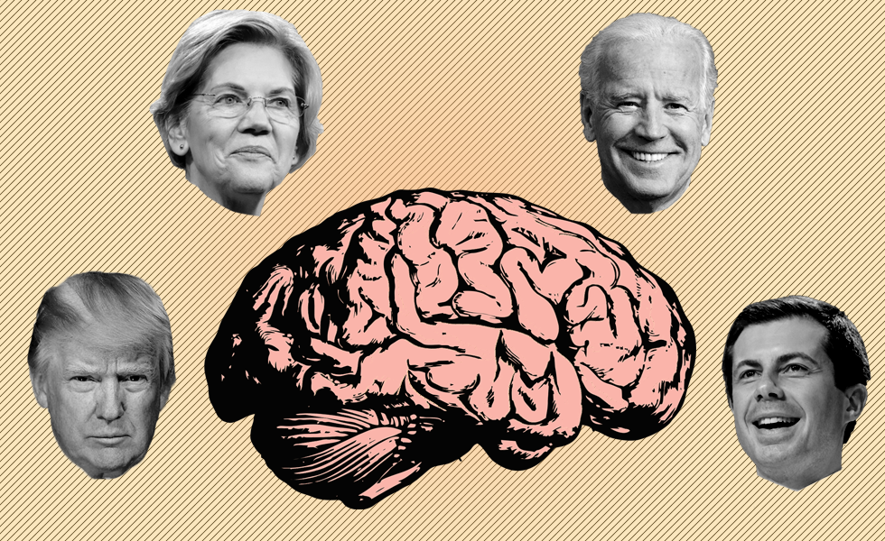 A collage of Donald Trump, Elizabeth Warren, Joe Biden, and Pete Buttigieg around a cartoon brain.