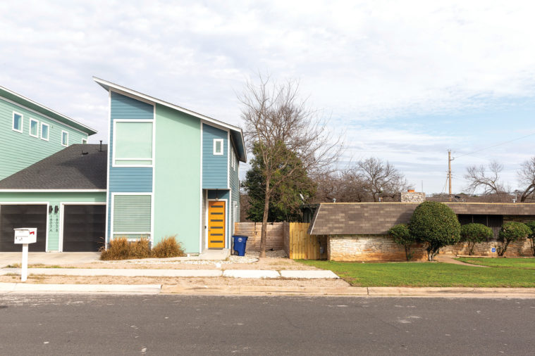 They grow up so fast East Austin “When I work in these old neighborhoods,” Koush says, “I like to respect the scale of the context and massing.” Massing refers to the overall effect of a building’s shape and form. It’s like meeting someone intimidating: Is he coming at you, all broad shoulders and forehead? That’s massing. Koush tries to design new houses that aren’t as domineering as these two, because they’re about the same height or width and they use the same fundamental shapes as the houses that are already there. Plus, a more modest scale leaves room to preserve and plant trees, increasingly necessary in warming Texas cities to provide shade, sop up increased rainfall and floodwater, and sequester carbon from the atmosphere.