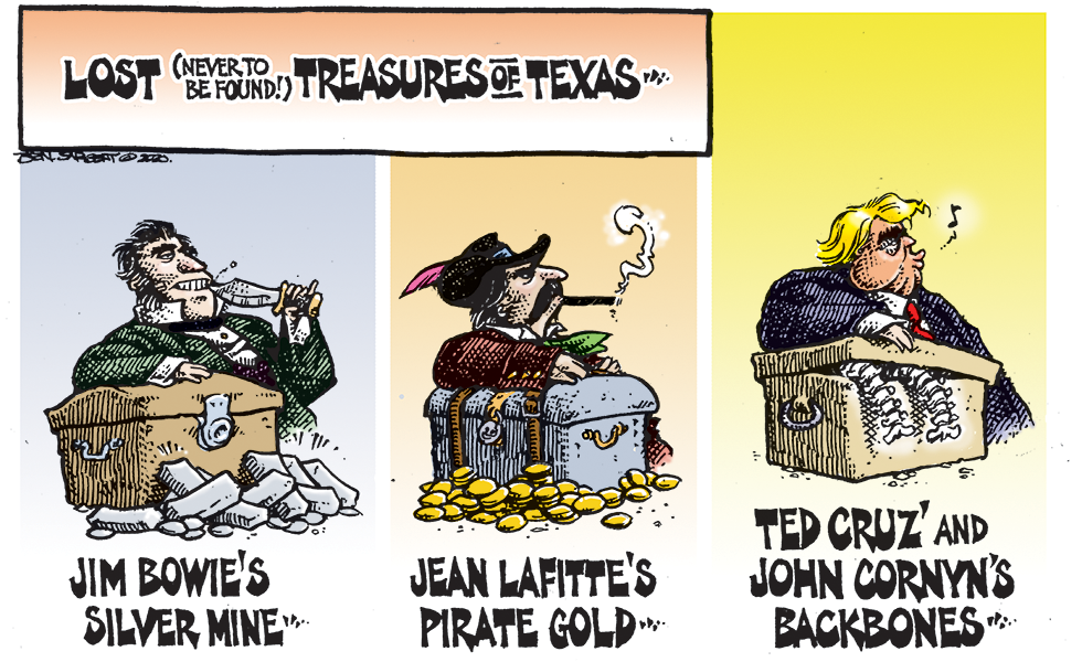A Ben Sargent cartoon depicts the lost treasures of Texas: Jim Bowie's silver mine, Jean Lafitte's pirate gold, and Ted Cruz and John Cornyn's backbones.