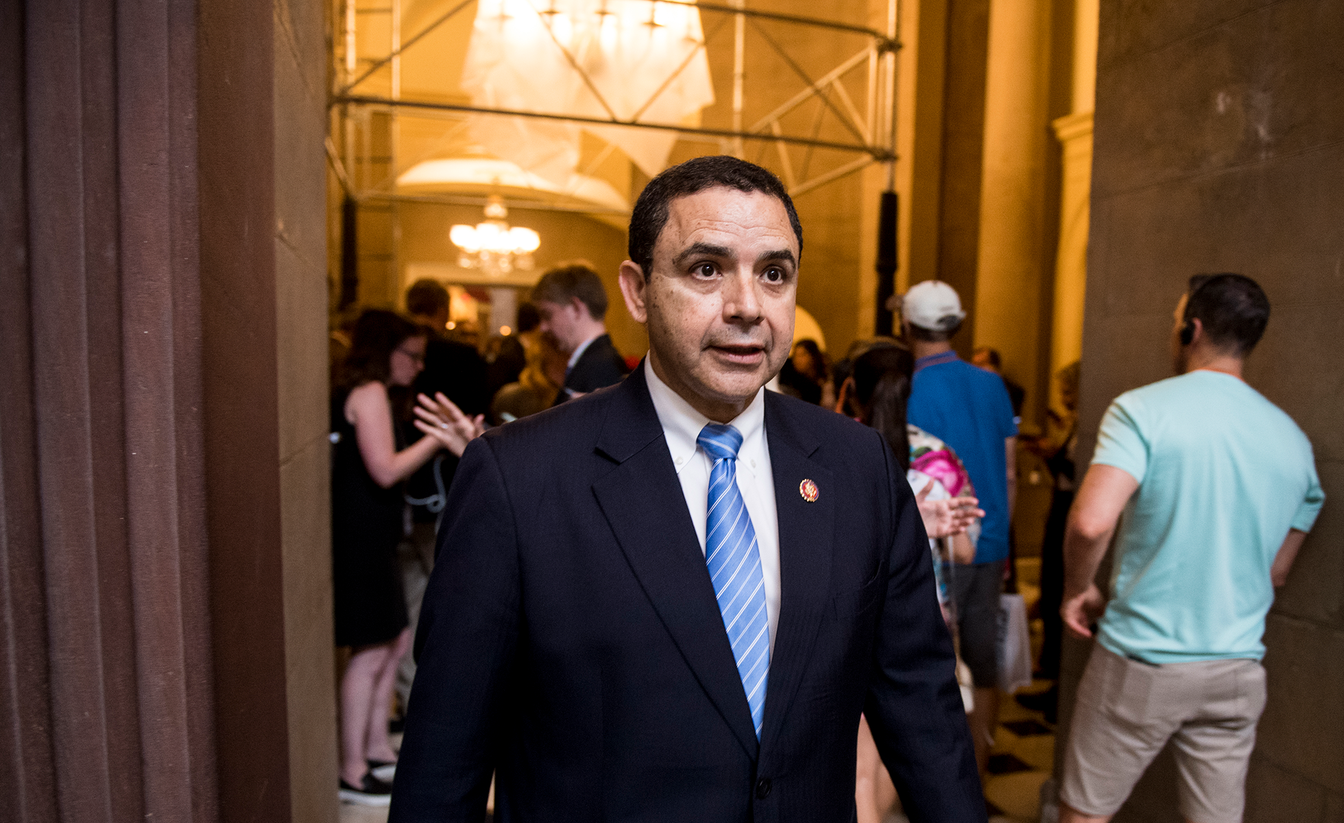 Rep. Henry Cuellar, D-Texas, walks away after speaking with reporters outside of Speaker Pelosi's office about the agreement to take up the Senate border bill on Thursday, June 27, 2019. (Photo By Bill Clark/CQ Roll Call via AP Images)