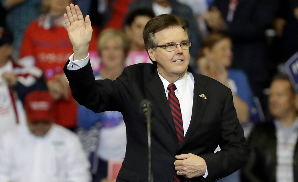 In this Oct. 22, 2018, file photo, Texas Lt. Gov. Dan Patrick speaks during a campaign rally in Houston. Patrick has been called away from his duties overseeing the opening of the state's legislative session for a meeting at the White House. Patrick headed Donald Trump's 2016 campaign in Texas and his trip to Washington comes as the president prepares to address the nation on the partial government shutdown sparked by a fight over funding for a U.S.-Mexico border wall. (AP Photo/Eric Gay, File)