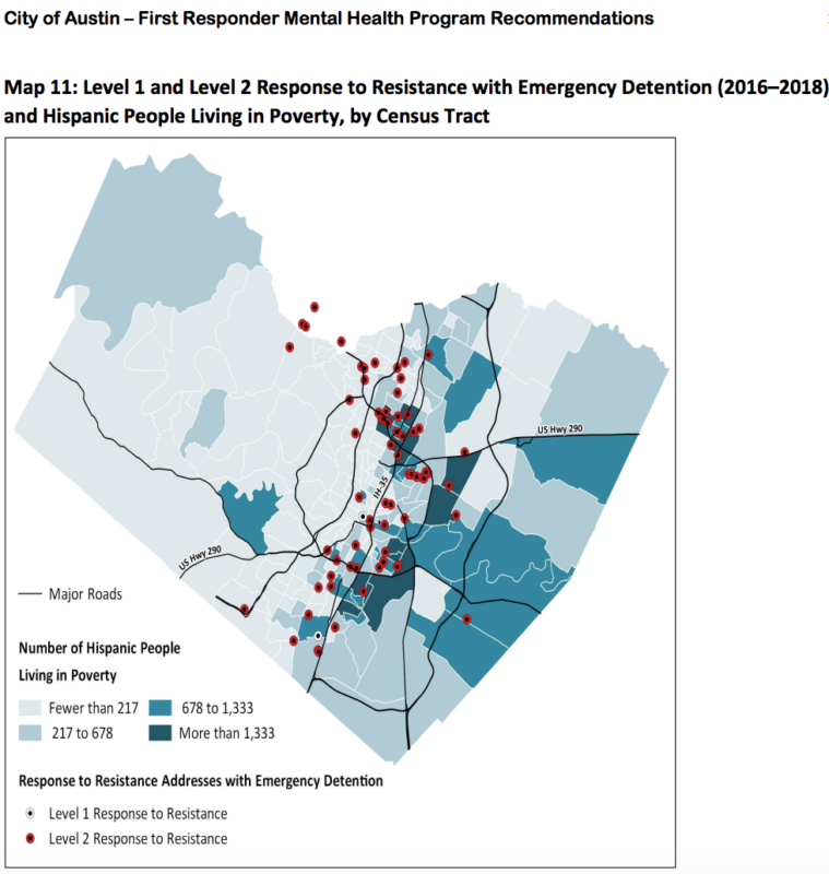 Map of response to resistance with emergency detention and Hispanic people living in poverty by Census tract