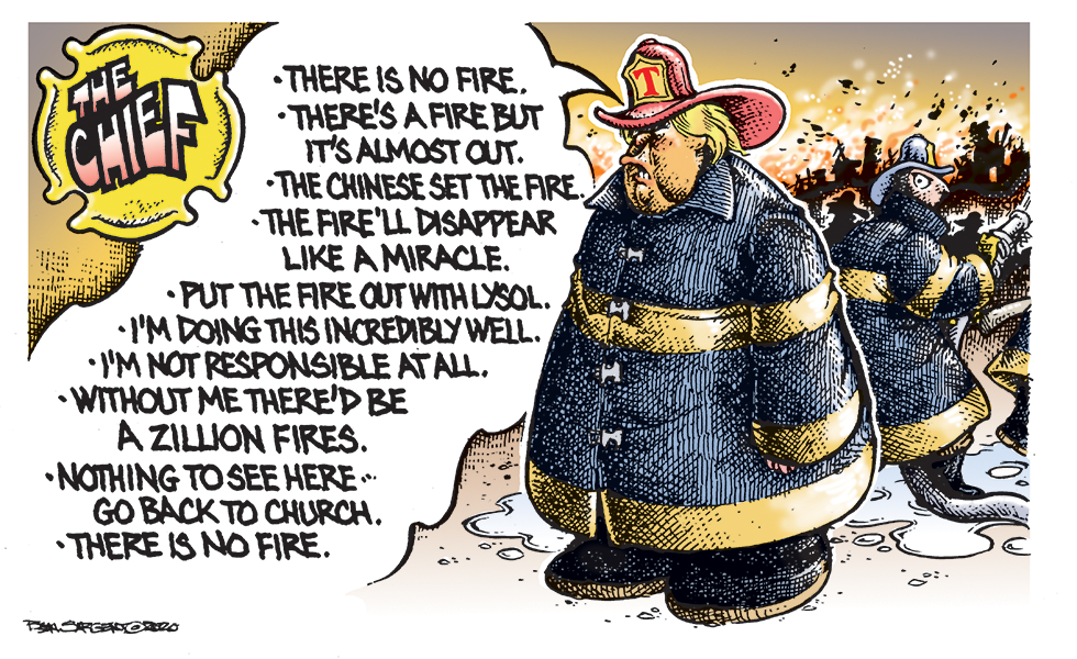 Trump in a fire suit saying in a bulleted list: 'There is no fire. There's a fire but it's almost out. The Chinese Set the fire. The fire'll disappear like a miracle. Put the fire out with Lysol. I'm doing this incredibly well. I'm not responsible at all. Without me there'd be a zillion fires. Nothing to see here, go back to church. There is no fire." As a fire clearly rages behind him.