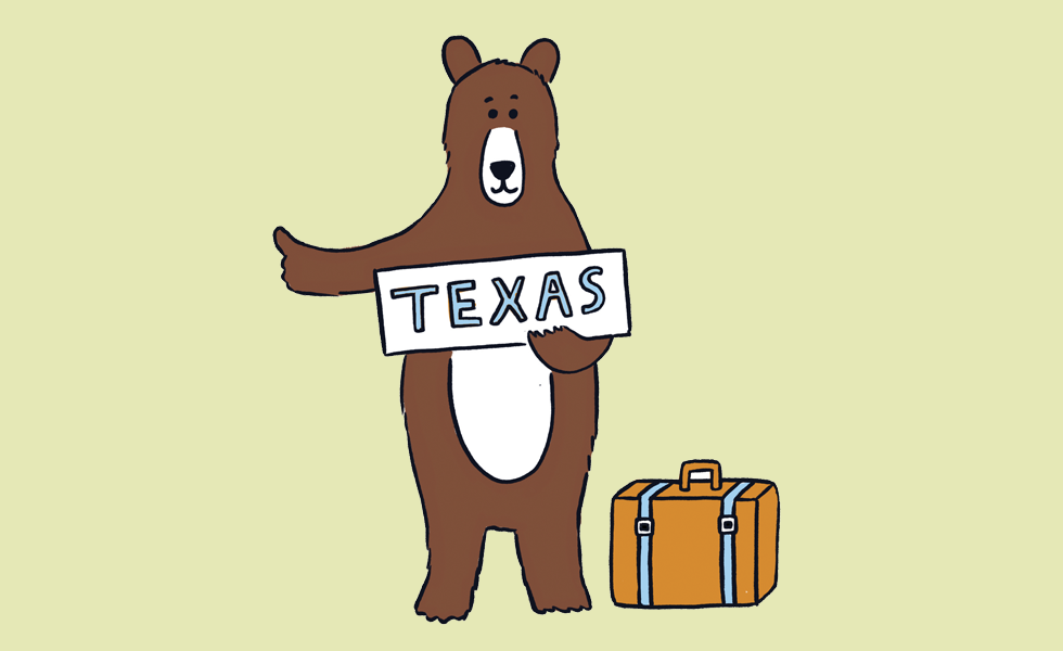 cute drawing of a bear holding a texas sign with an orange suitcase with its thumb out as though looking for a ride somewhere