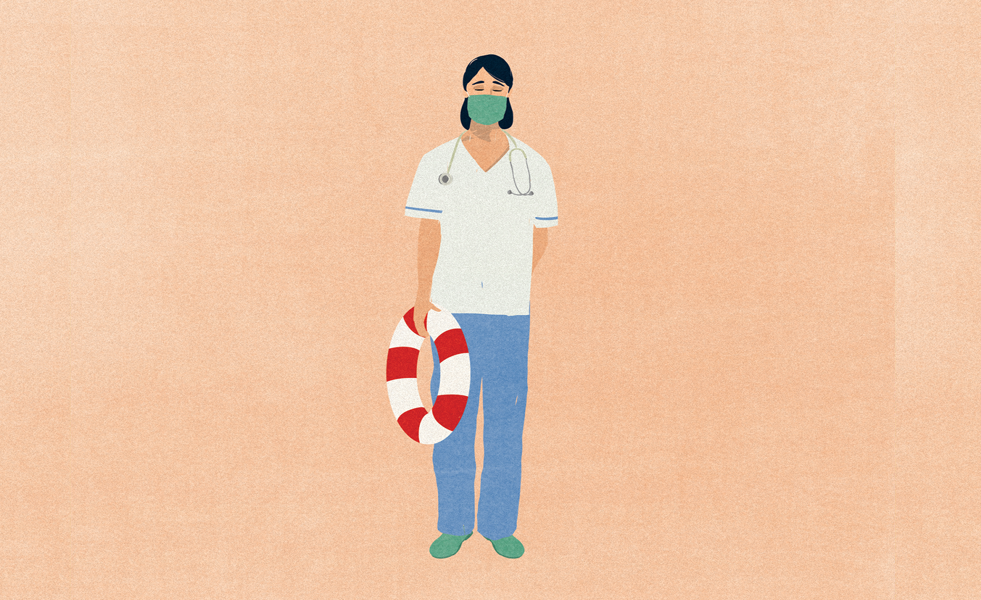 A nurse with a mask holds a life preserve.