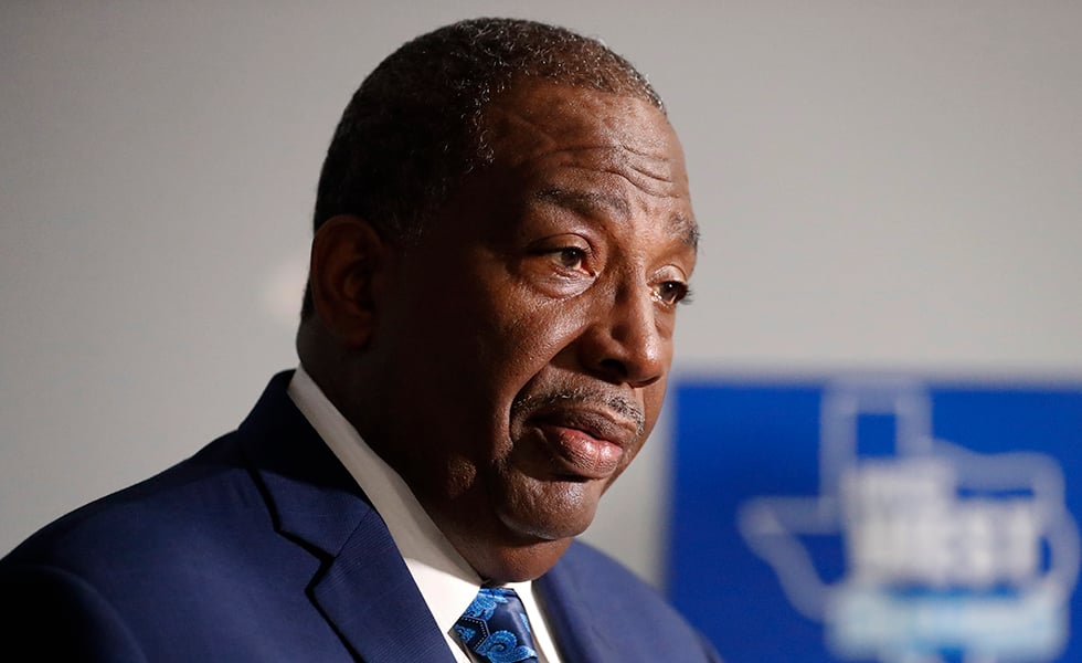 State Senator Royce West responds to questions during a broadcast interview after announcing his bid to run for the US Senate during a rally in Dallas, Monday, July 22, 2019. (AP Photo/Tony Gutierrez)