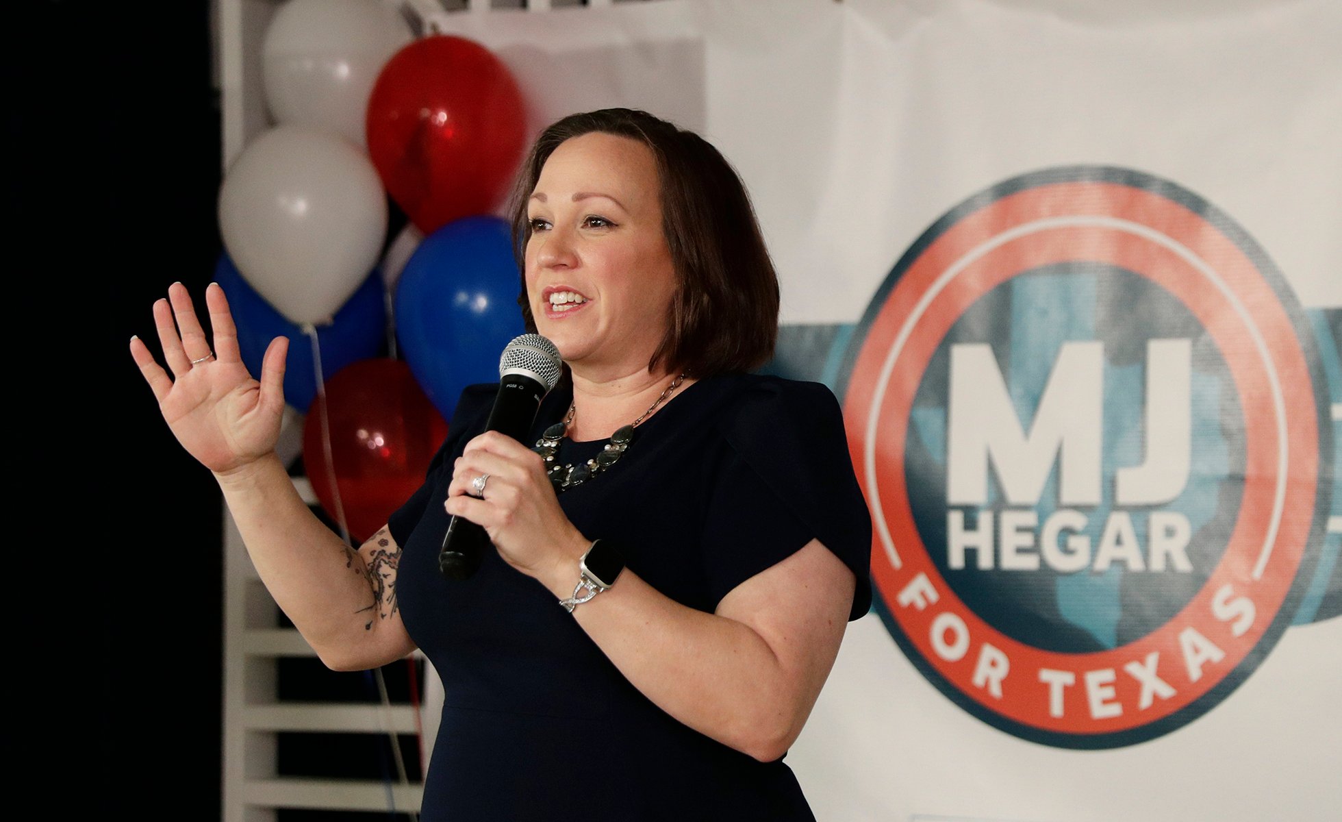 Democratic U.S. Senate candidate MJ Hegar speaks to supporters during her election night party in Austin, Texas, Tuesday, March 3, 2020. (AP Photo/Eric Gay)