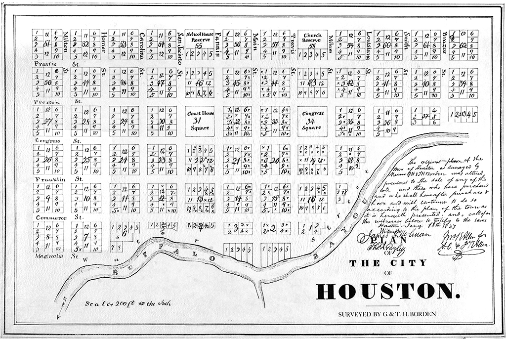 Original plat map of Houston, 1836, Gail Borden Jr. and Thomas Borden.