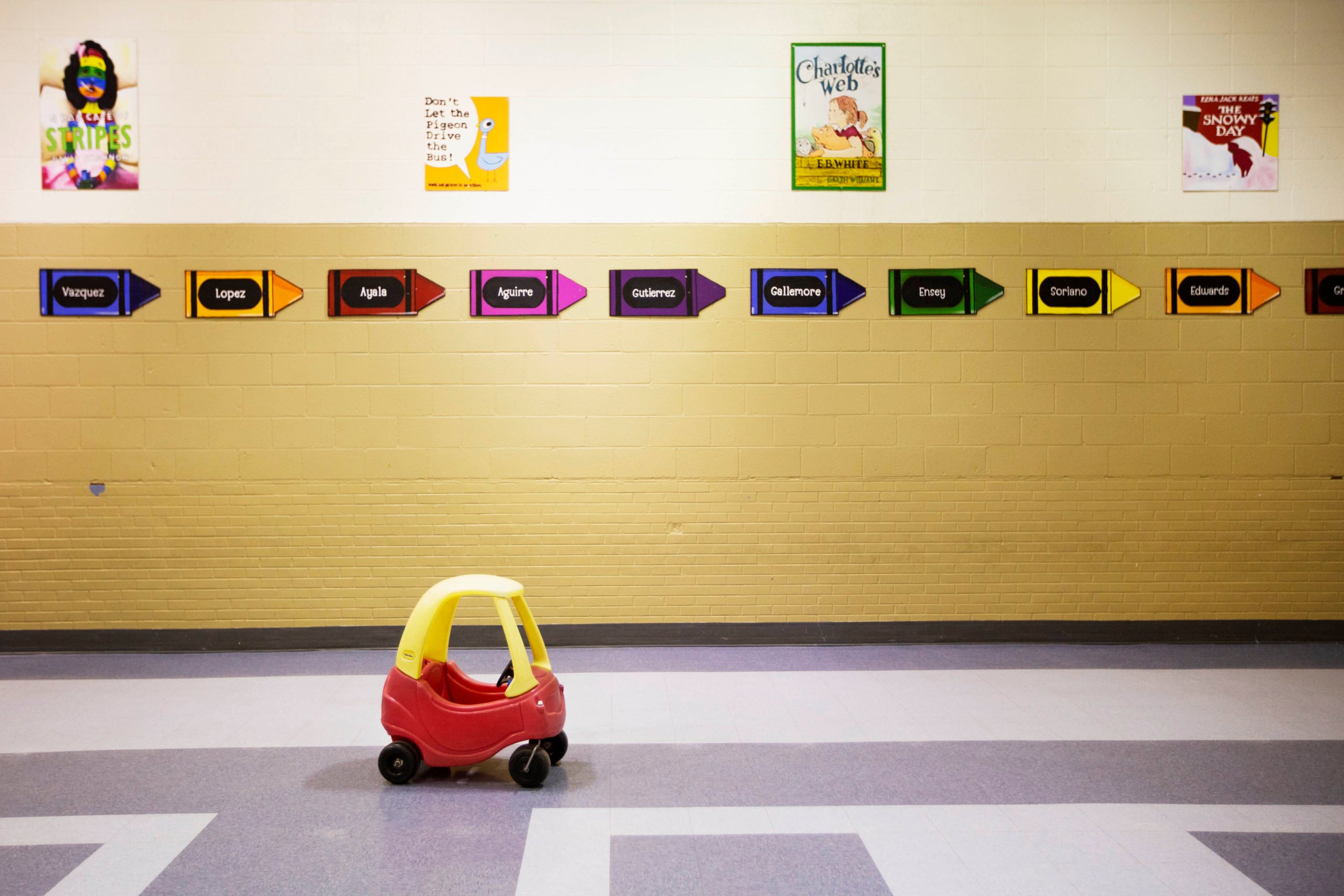 The cafeteria at Zavala Elementary school usually has children lined up according to their classrooms, but as of Thursday April 30, 2002, it is home to toys and activities for children attending the daycare to expend some energy in a controlled environment. Starting May 6, Zavala Elementary in Odessa Texas will begin operating its facilities as a daycare for children whose parents are medical professionals. (Ben Powell/Odessa American via AP)