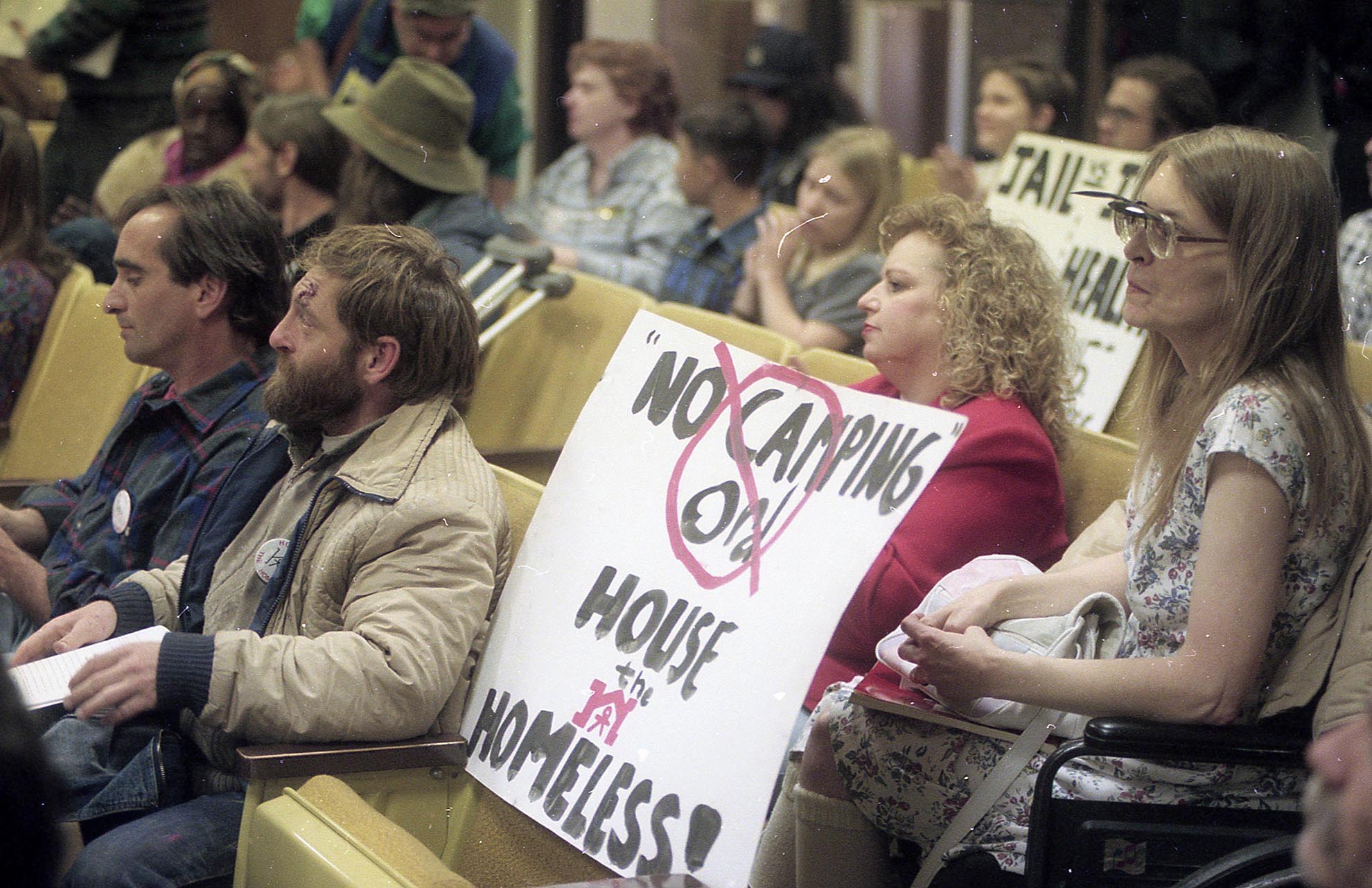 Austin residents attend a City Council meeting about homeless camping ordinances in 1996.